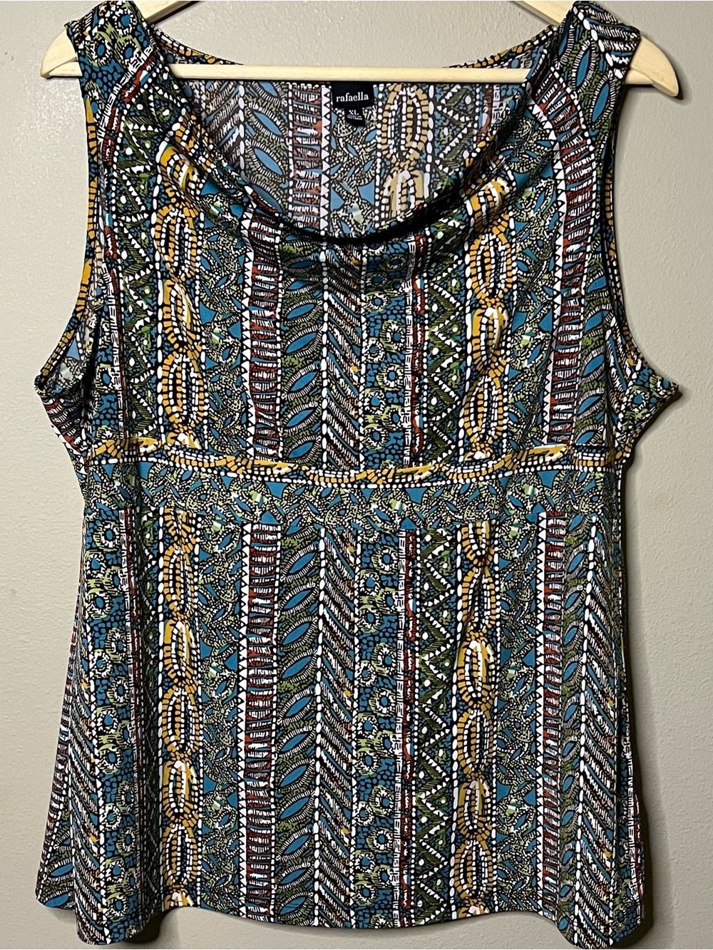 Rafaella Sleeveless Cowl Neck Geometric Pattern Blouse Women XL Blue Green